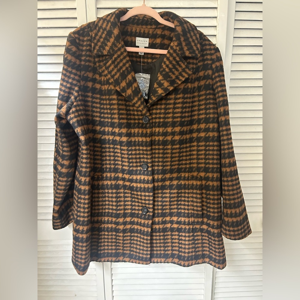Susan Graver Women's Plaid‎ Button-Front Coat in Brown/Black Size XL